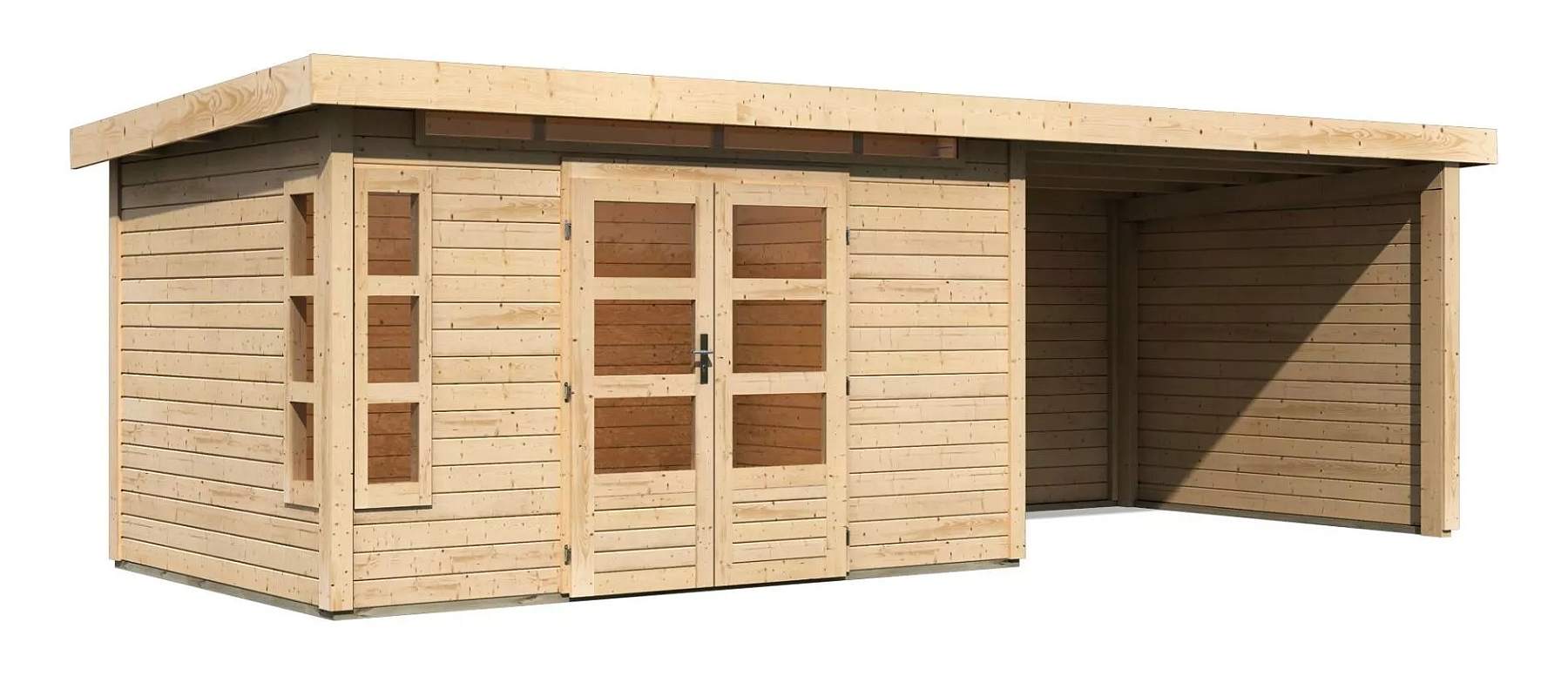 devn domek KARIBU KASTORF 7 + pstavek 320 cm vetn zadn a bon stny (31560) natur