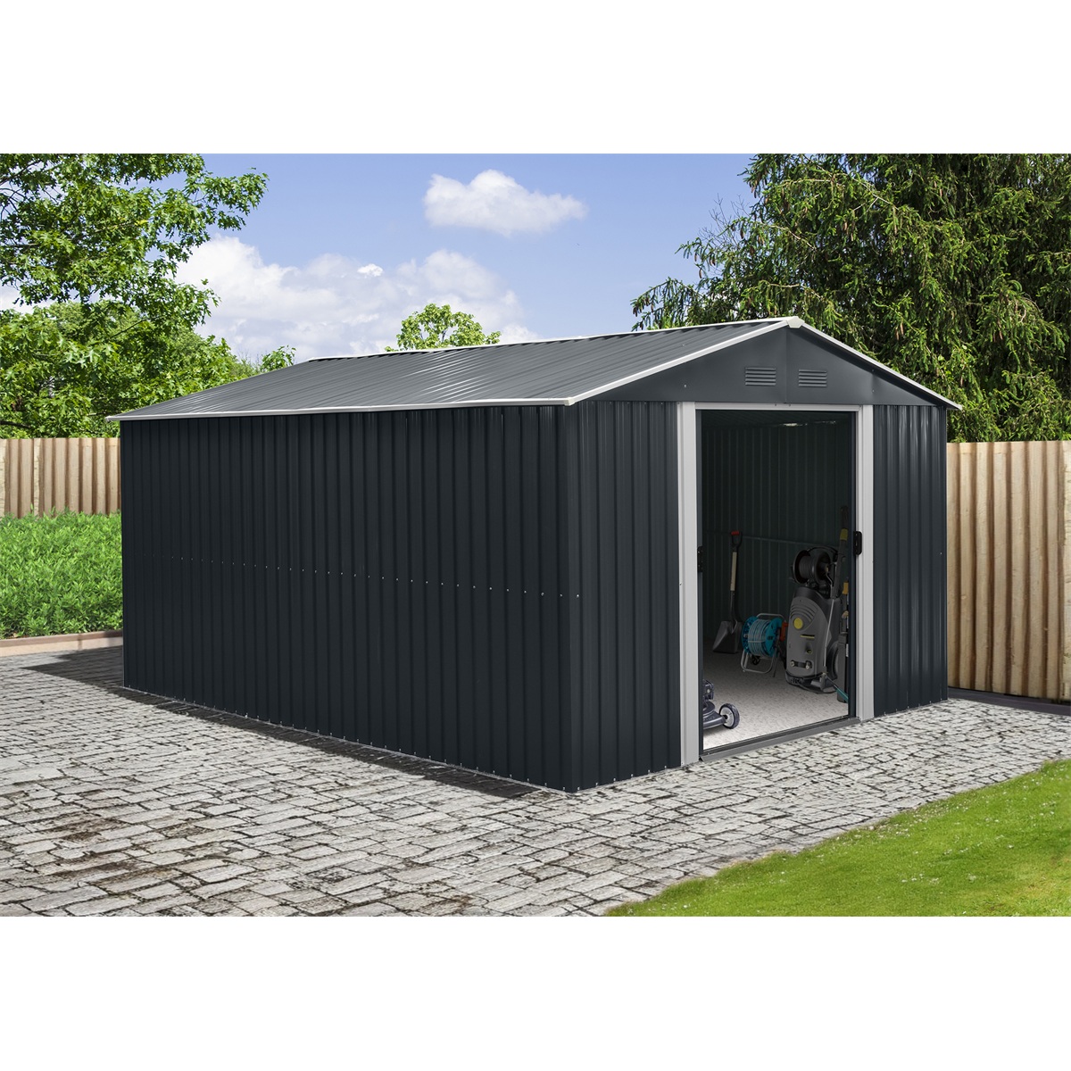 Riwall PRO RMSA 12x10 Anthracite - zahradn domek kovov 3 x 3,7 m se sedlovou stechou antracit