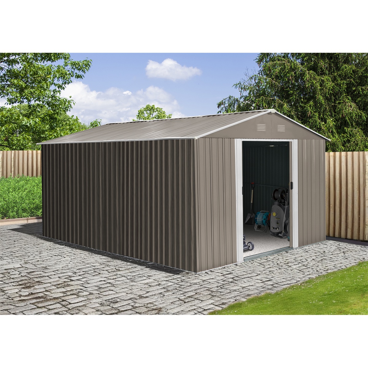 Riwall PRO RMSA 12x10 Brown - zahradn domek kovov 3 x 3,7 m se sedlovou stechou hnd